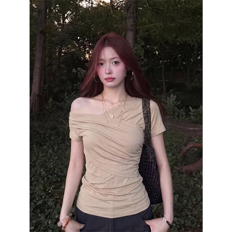 한 부서 비스듬한 어깨 반팔 티셔츠 여름 빅 사이즈 허리 수축 몸매 가꾸기 슬림해 보이는 오프숄더 작은 대중 맨위