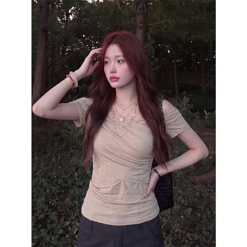 한 부서 비스듬한 어깨 반팔 티셔츠 여름 빅 사이즈 허리 수축 몸매 가꾸기 슬림해 보이는 오프숄더 작은 대중 맨위 이미지 2