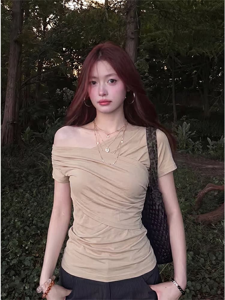 한 부서 비스듬한 어깨 반팔 티셔츠 여름 빅 사이즈 허리 수축 몸매 가꾸기 슬림해 보이는 오프숄더 작은 대중 맨위 상세 이미지 3