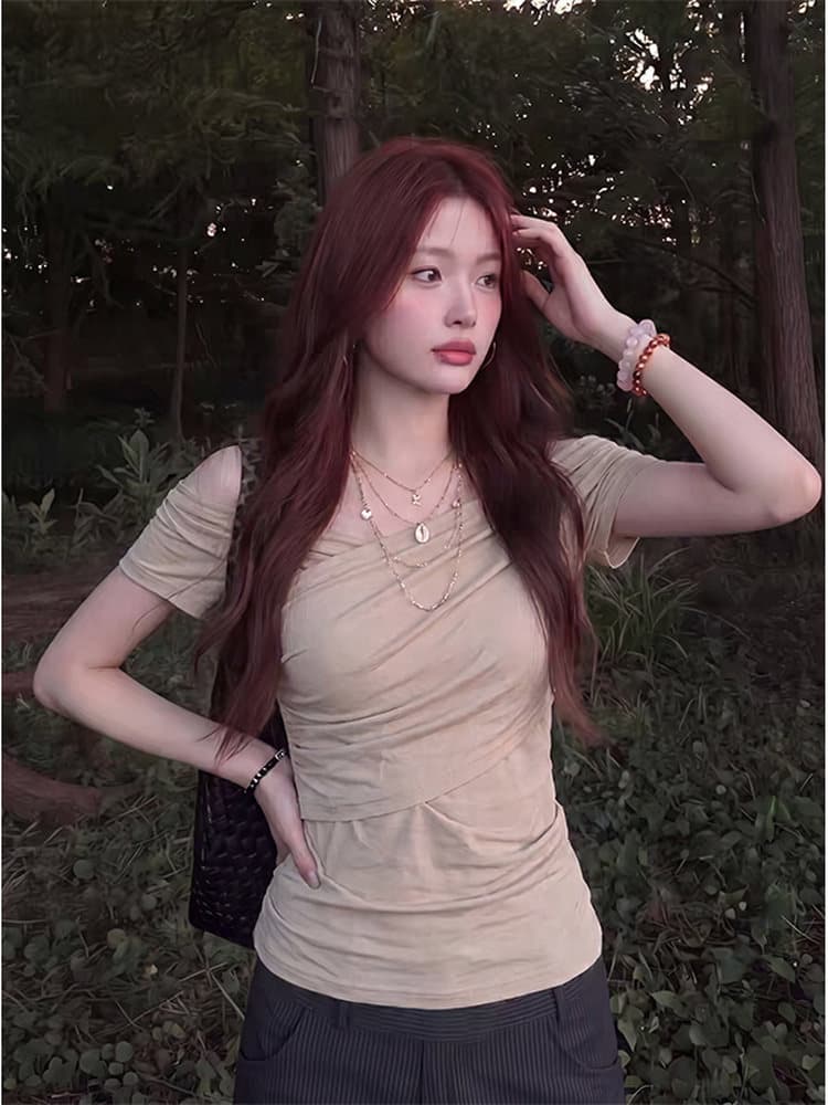 한 부서 비스듬한 어깨 반팔 티셔츠 여름 빅 사이즈 허리 수축 몸매 가꾸기 슬림해 보이는 오프숄더 작은 대중 맨위 상세 이미지 4