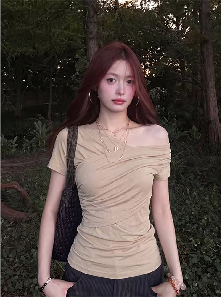 한 부서 비스듬한 어깨 반팔 티셔츠 여름 빅 사이즈 허리 수축 몸매 가꾸기 슬림해 보이는 오프숄더 작은 대중 맨위 상세 이미지 6