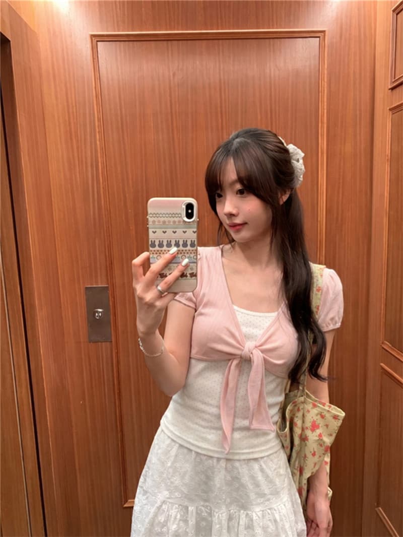 260 그램 1 1 인 면 한 부서 달콤한 스타일 스트랩 도트 무늬 티셔츠 페이크 레이어드 부드러운 슬림해 보이는 맨위 이미지 3