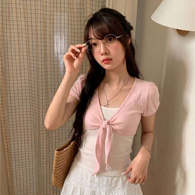 260 그램 1 1 인 면 한 부서 달콤한 스타일 스트랩 도트 무늬 티셔츠 페이크 레이어드 부드러운 슬림해 보이는 맨위 이미지 5