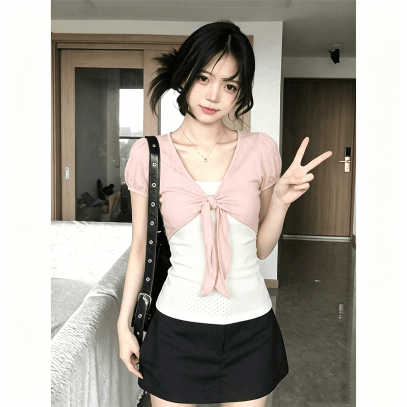 260 그램 1 1 인 면 페이크 레이어드 도트 무늬 V넥 반팔 여름 스트랩 비틀림 긍정적 인 어깨 디자인 맨위 이미지 5