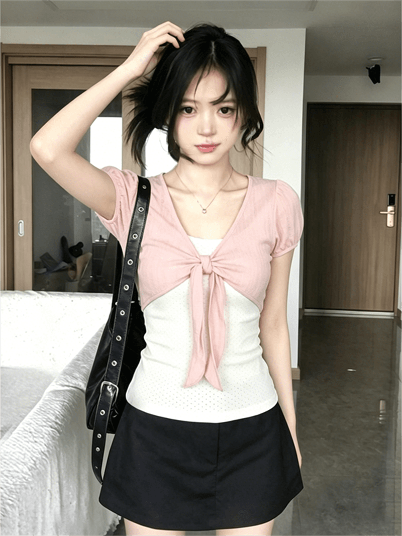 260 그램 1 1 인 면 페이크 레이어드 도트 무늬 V넥 반팔 여름 스트랩 비틀림 긍정적 인 어깨 디자인 맨위 상세 이미지 7