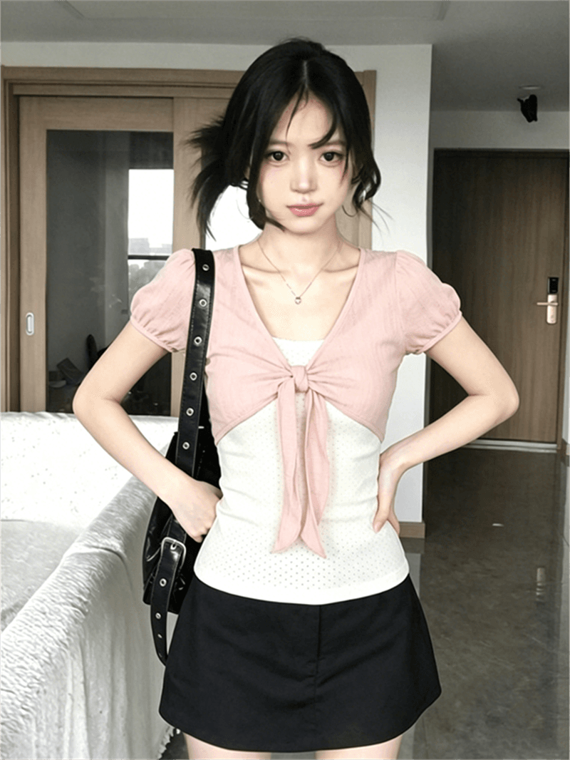 260 그램 1 1 인 면 페이크 레이어드 도트 무늬 V넥 반팔 여름 스트랩 비틀림 긍정적 인 어깨 디자인 맨위 상세 이미지 8