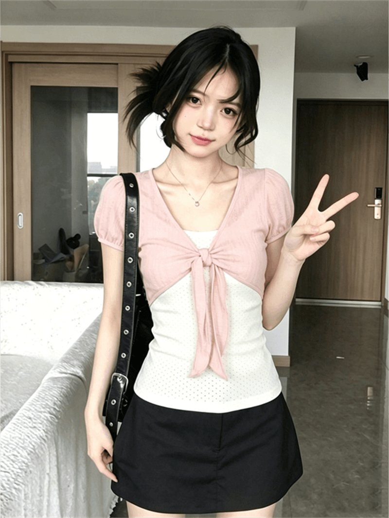 260 그램 1 1 인 면 페이크 레이어드 도트 무늬 V넥 반팔 여름 스트랩 비틀림 긍정적 인 어깨 디자인 맨위 상세 이미지 9