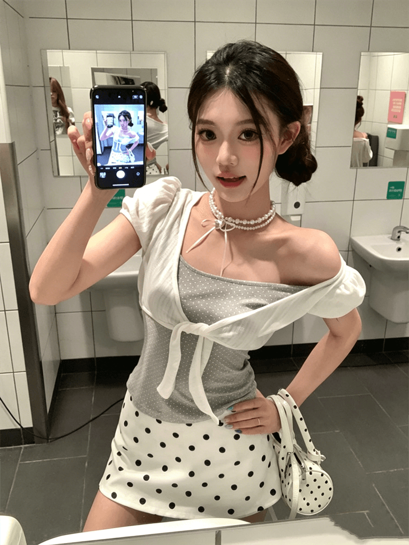 260 그램 1 1 인 면 한 부서 달콤한 스타일 스트랩 도트 무늬 티셔츠 페이크 레이어드 부드러운 슬림해 보이는 맨위 상세 이미지 2