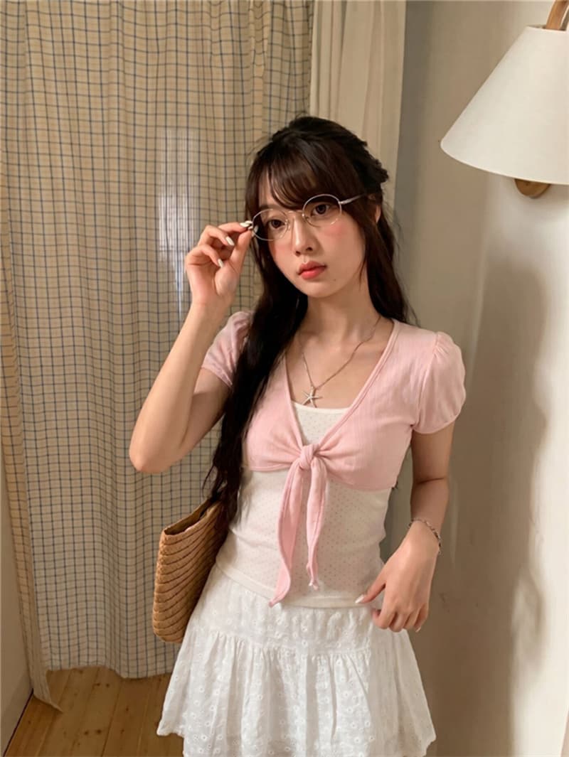 260 그램 1 1 인 면 한 부서 달콤한 스타일 스트랩 도트 무늬 티셔츠 페이크 레이어드 부드러운 슬림해 보이는 맨위 상세 이미지 7