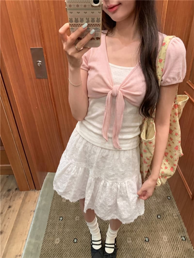 260 그램 1 1 인 면 한 부서 달콤한 스타일 스트랩 도트 무늬 티셔츠 페이크 레이어드 부드러운 슬림해 보이는 맨위 상세 이미지 9