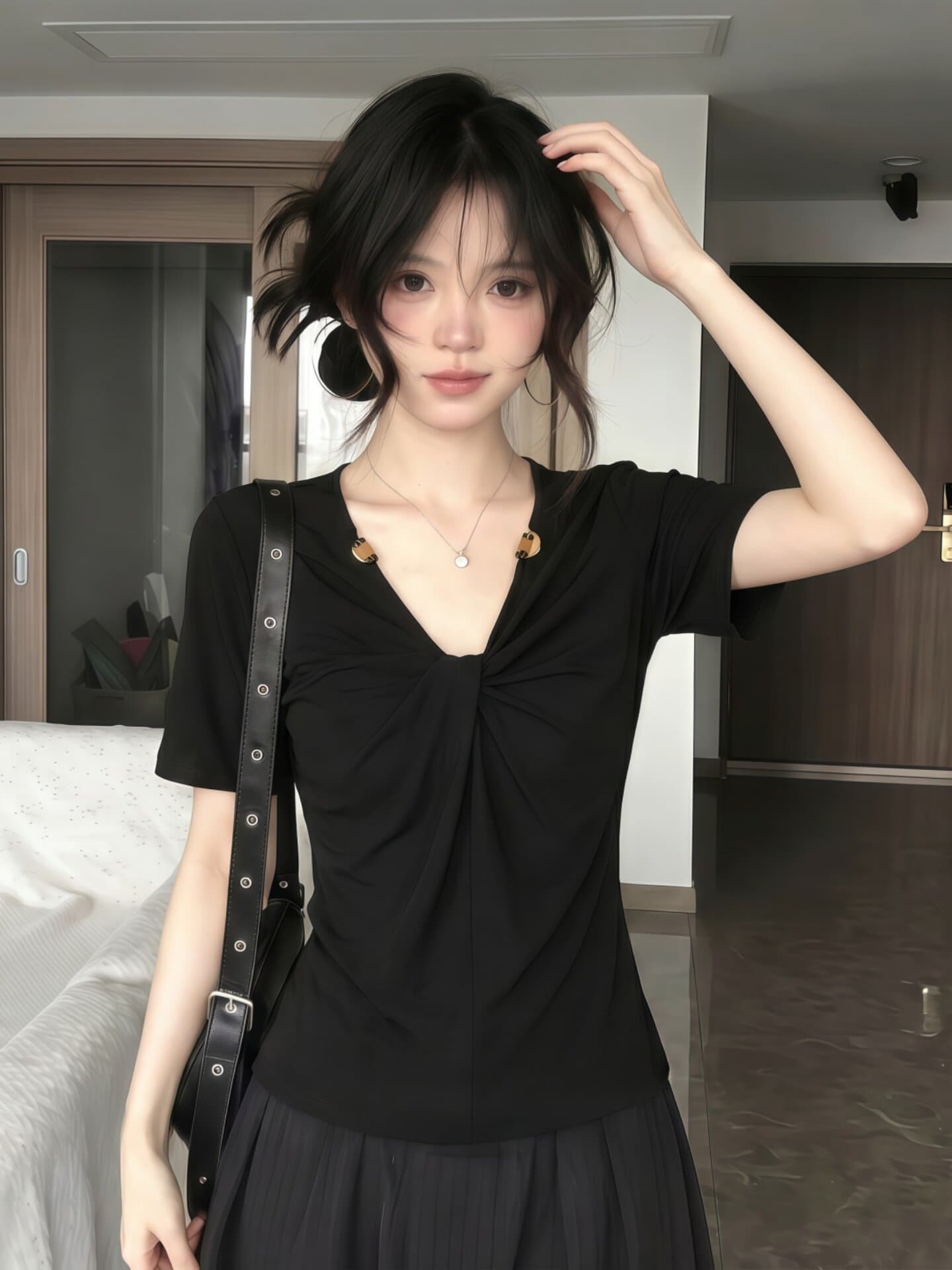 200그램 1 1 인 면 검정색 V넥 비틀림 반팔 티셔츠 여름 디자인 센스 비즈 다용도 맨위 상세 이미지 3