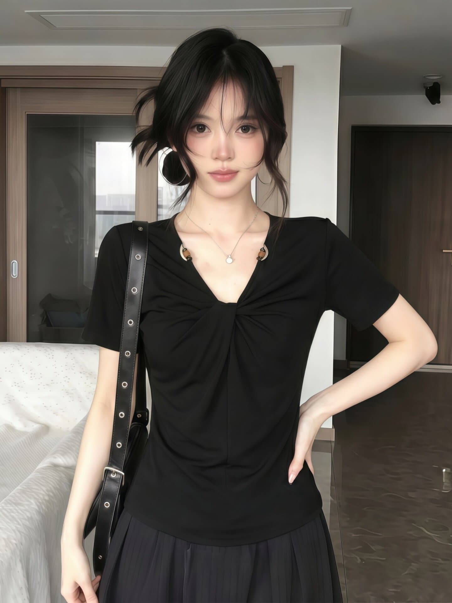 200그램 1 1 인 면 검정색 V넥 비틀림 반팔 티셔츠 여름 디자인 센스 비즈 다용도 맨위 상세 이미지 4