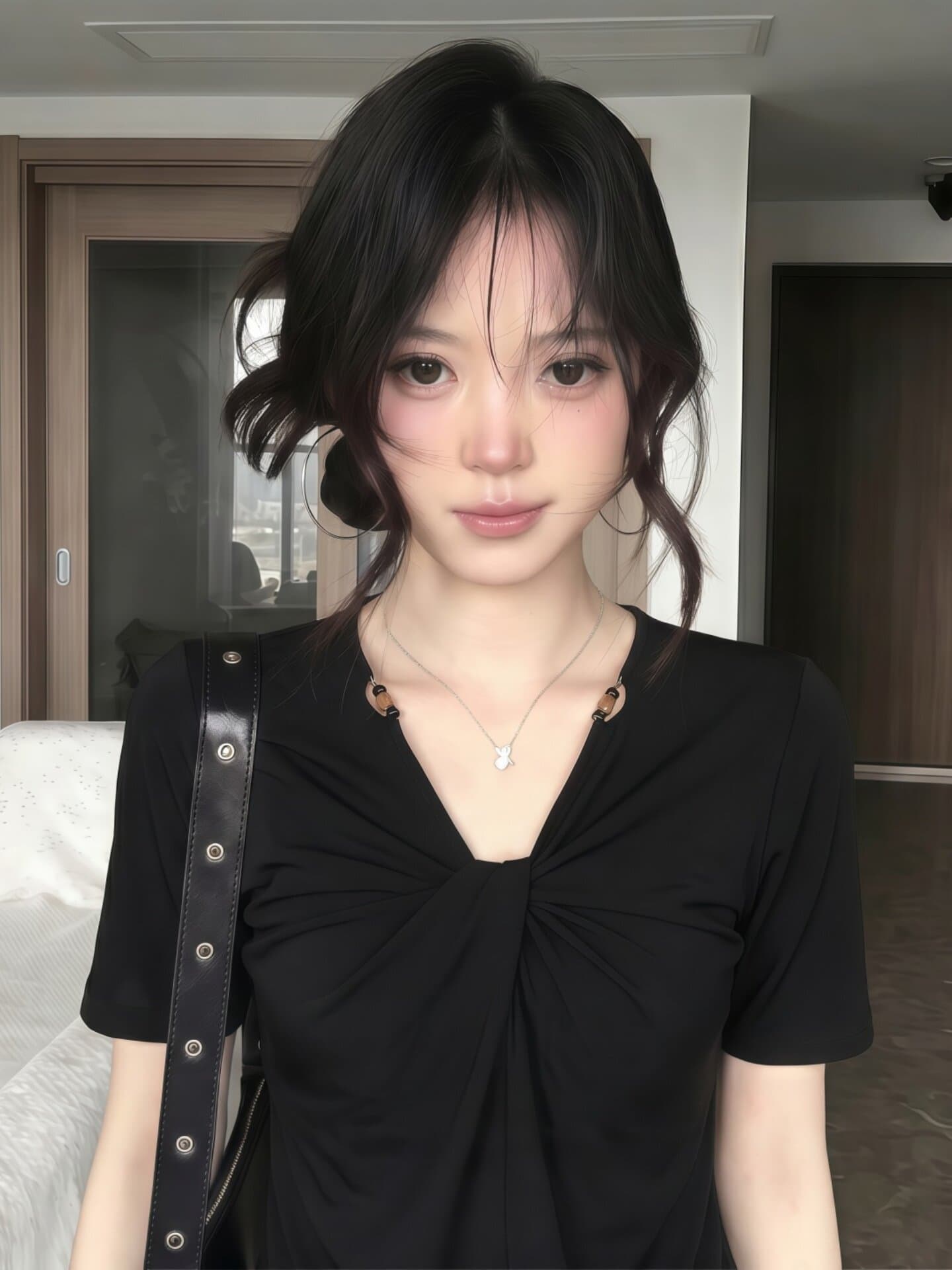200그램 1 1 인 면 검정색 V넥 비틀림 반팔 티셔츠 여름 디자인 센스 비즈 다용도 맨위 상세 이미지 6