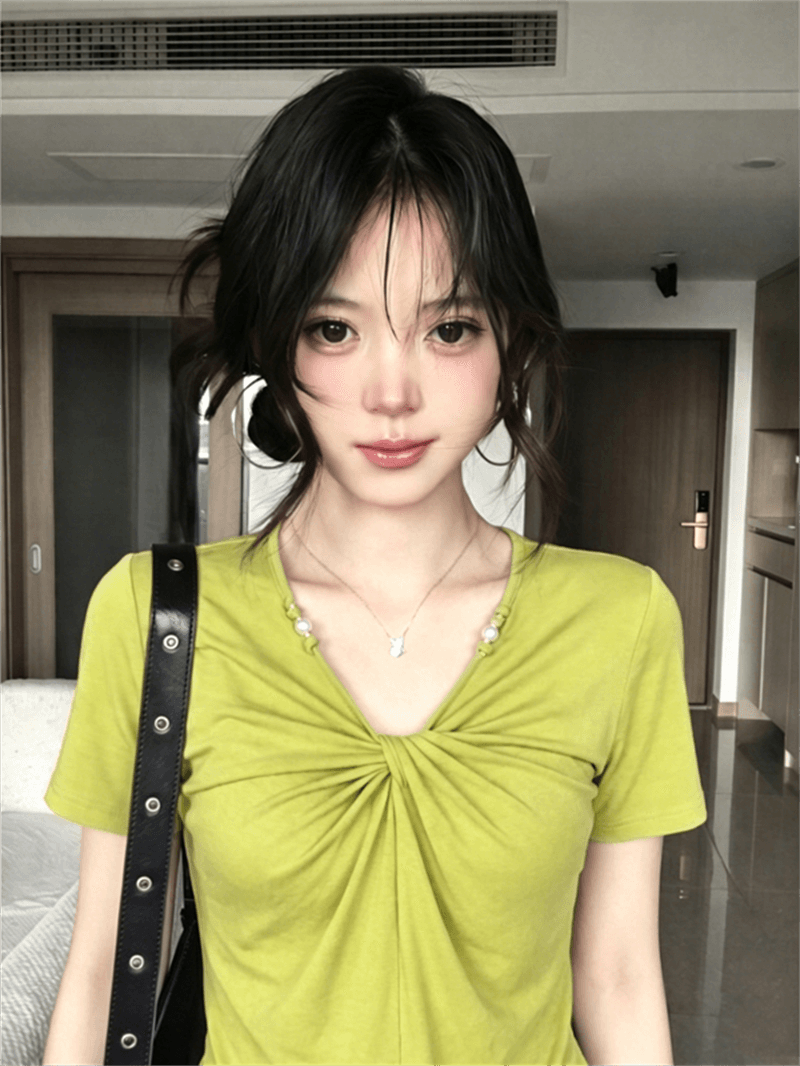 200그램 1 1 인 면 검정색 V넥 비틀림 반팔 티셔츠 여름 디자인 센스 비즈 다용도 맨위 상세 이미지 9