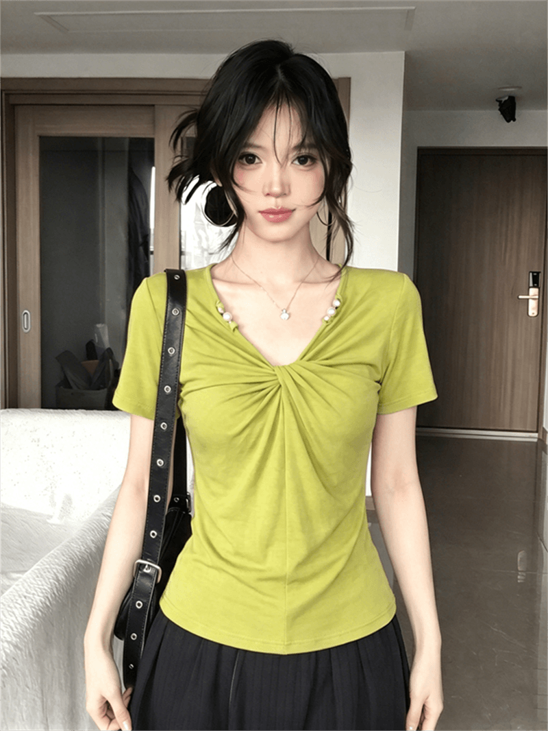 200그램 1 1 인 면 검정색 V넥 비틀림 반팔 티셔츠 여름 디자인 센스 비즈 다용도 맨위 상세 이미지 10