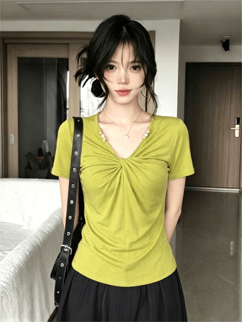 200그램 1 1 인 면 검정색 V넥 비틀림 반팔 티셔츠 여름 디자인 센스 비즈 다용도 맨위 상세 이미지 11