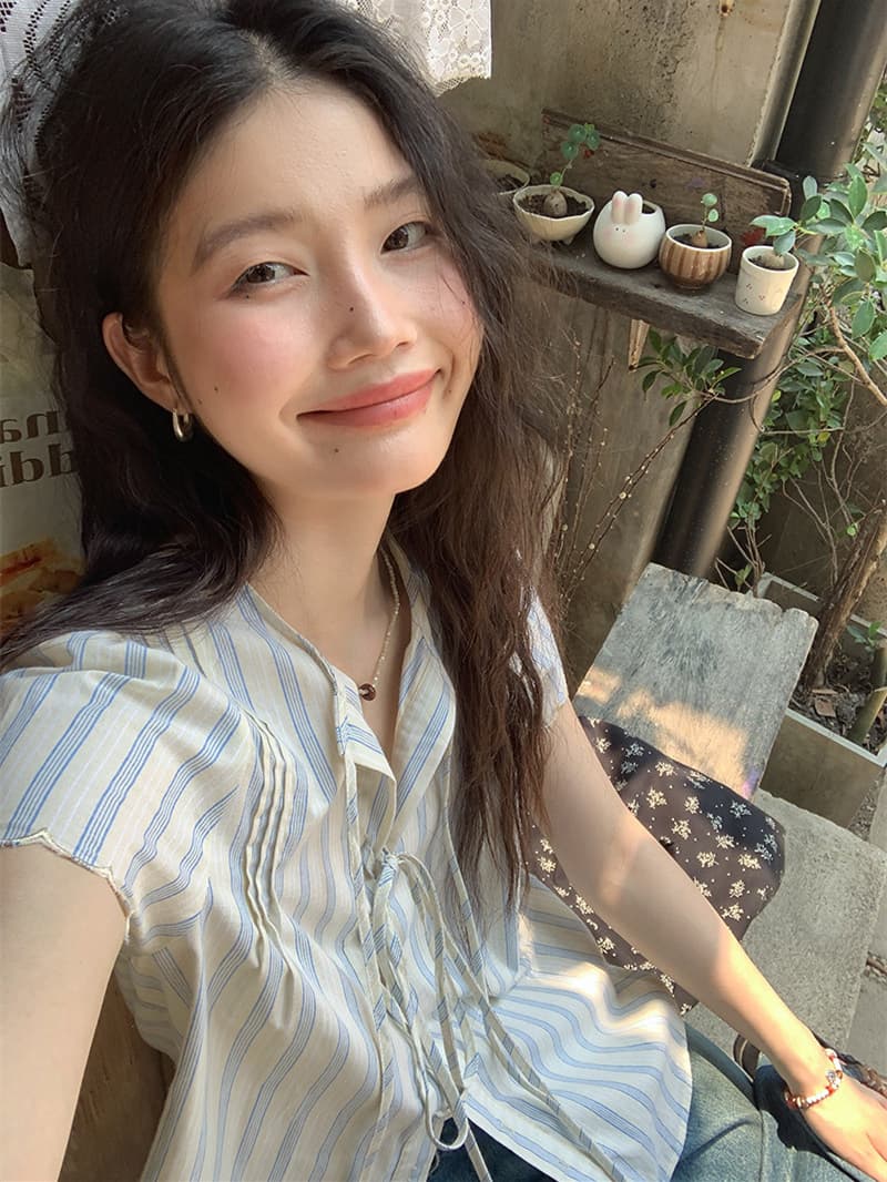 원본 셔틀 제직 기사 스트라이프 반팔 여성 셔츠 여름 자이언트 잘 생긴 레이스업 셔츠 한 부서 여름 작은 셔츠 상세 이미지 11