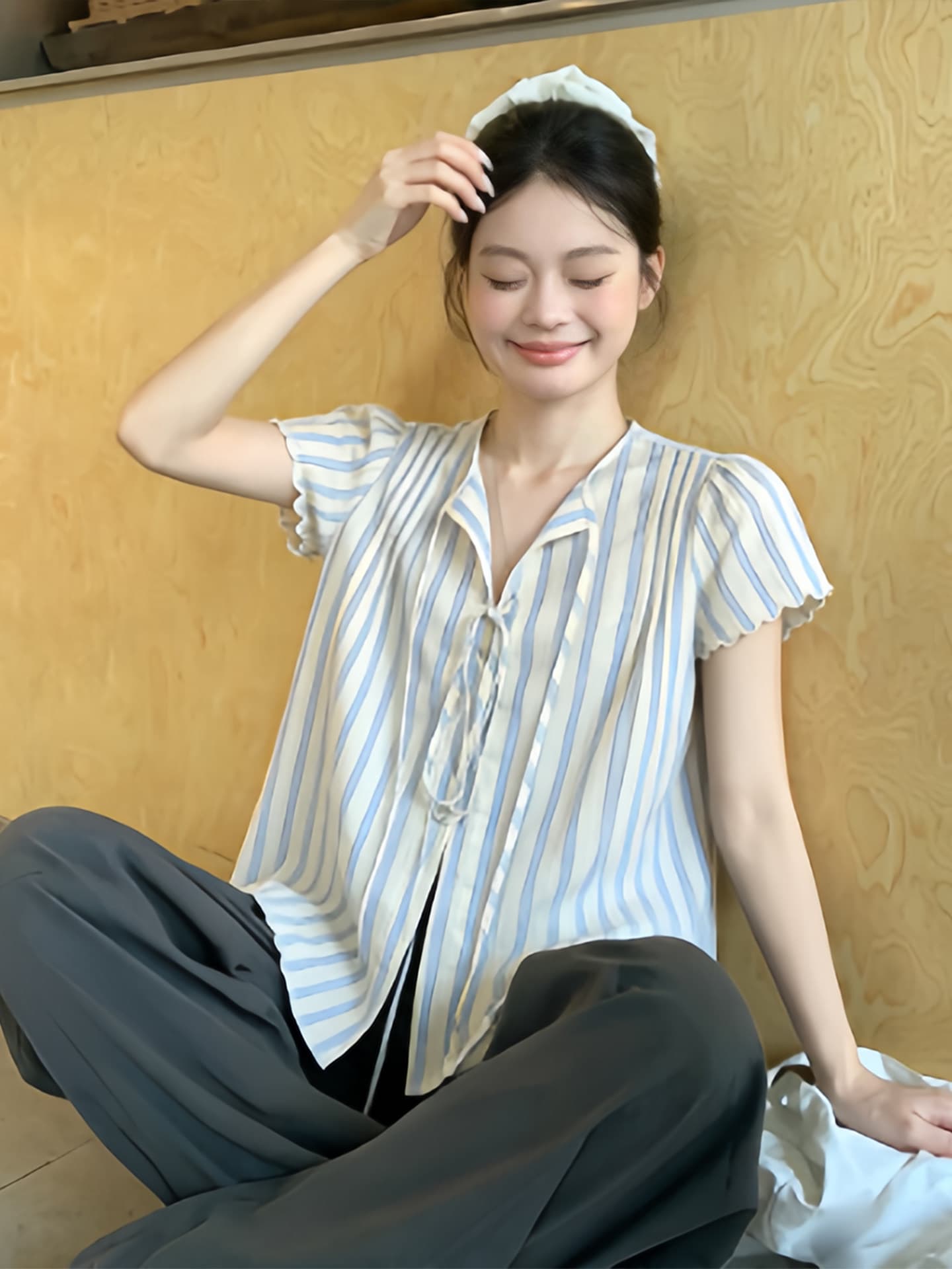 셔틀 제직 기사 한 부서 스트라이프 반팔 셔츠 여름 레이스 소매 레이스업 셔츠 루즈핏 캐주얼