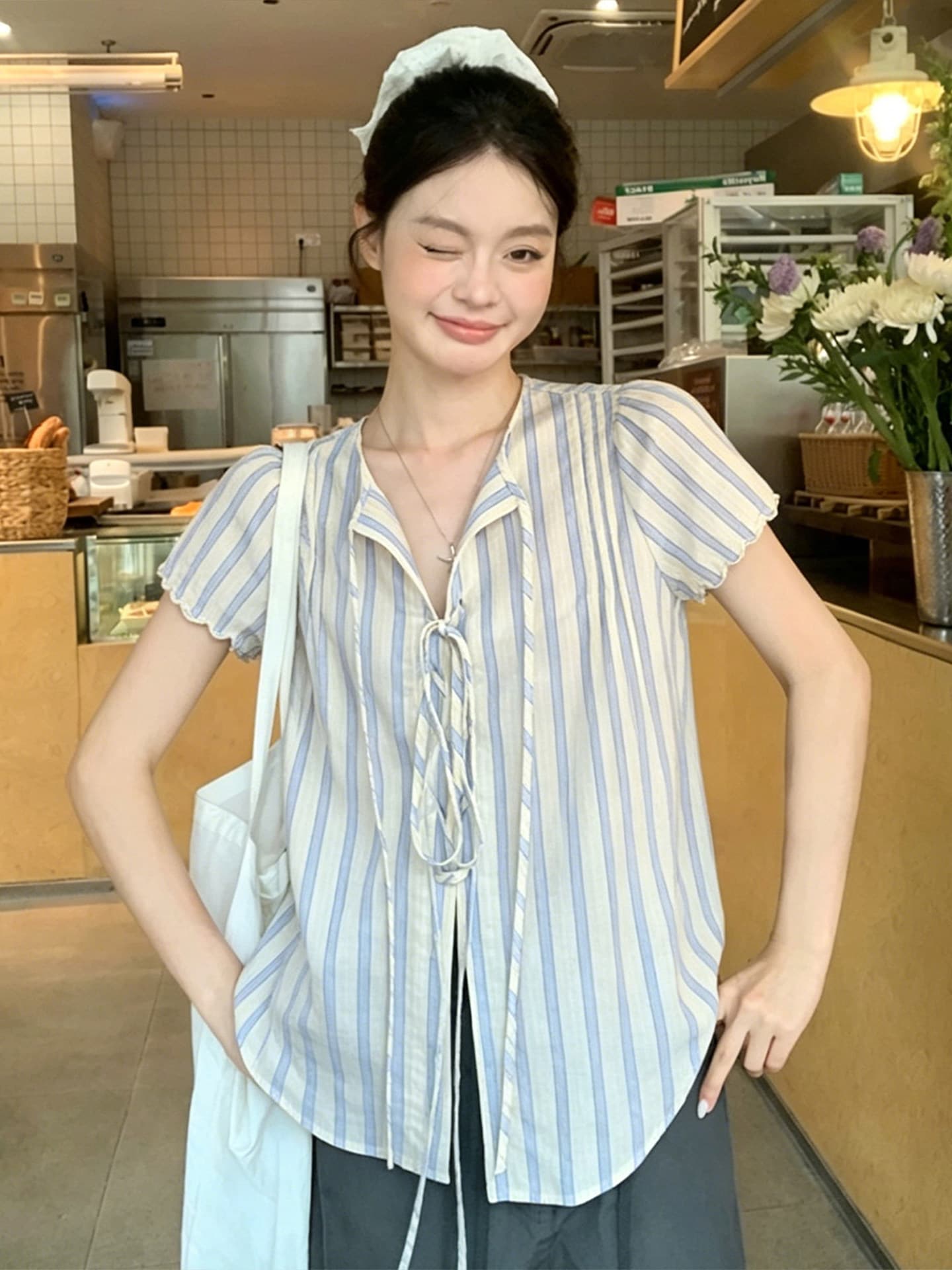 셔틀 제직 기사 한 부서 스트라이프 반팔 셔츠 여름 레이스 소매 레이스업 셔츠 루즈핏 캐주얼 상세 이미지 4