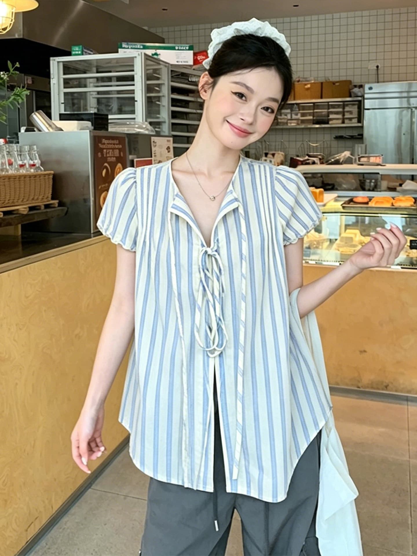 셔틀 제직 기사 한 부서 스트라이프 반팔 셔츠 여름 레이스 소매 레이스업 셔츠 루즈핏 캐주얼 상세 이미지 6