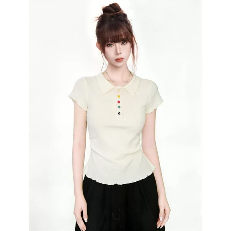 원본 것 POLO 칼라 색상 단추 반팔 티셔츠 여름 프릴 아름다운 허리 수축 주름 이미지 4