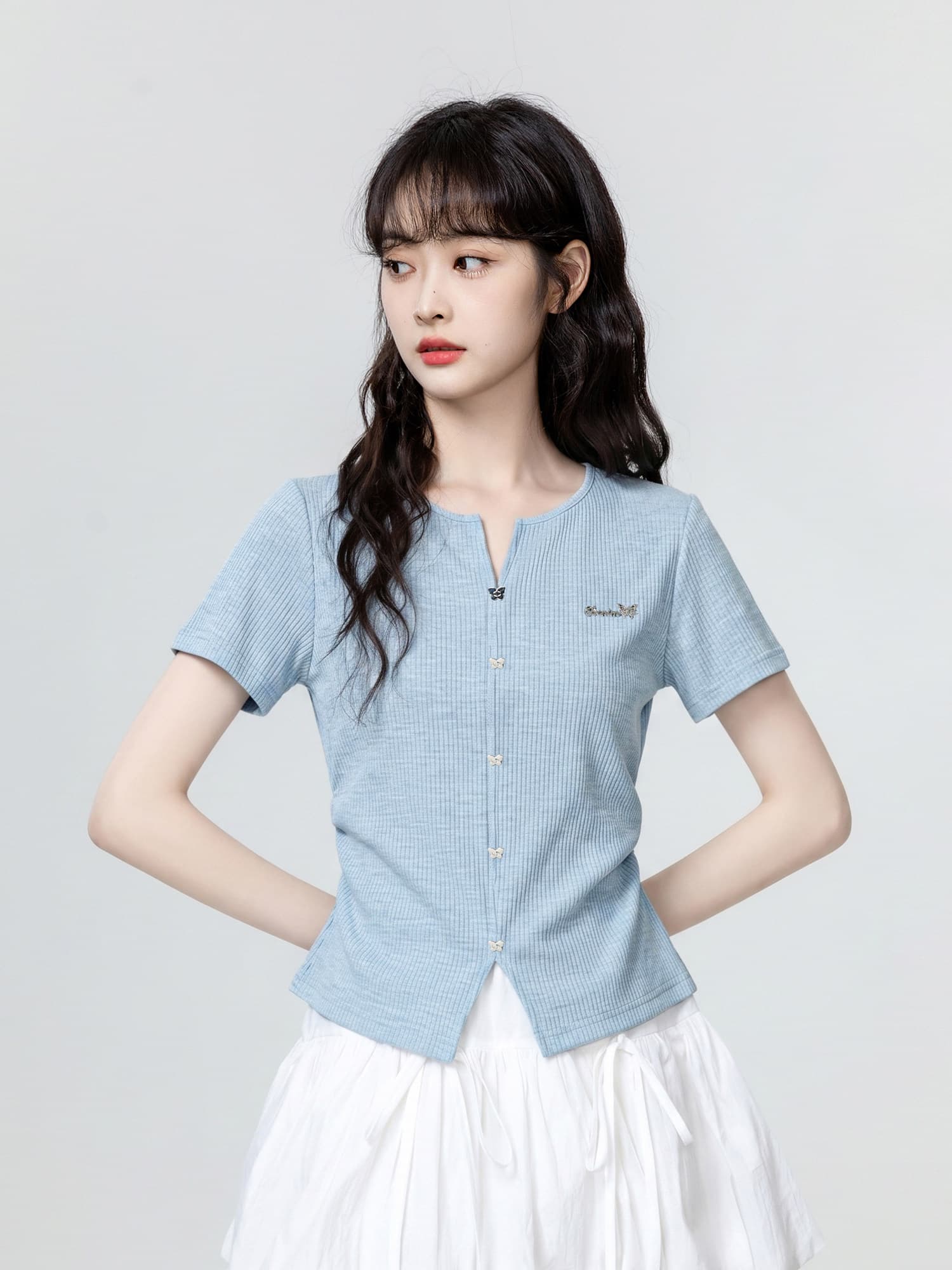 원본 것 한 스타일 캐주얼 바람 파란색 V넥 반팔 티셔츠 여름 빅 사이즈 꼬집기 허리 얇은 스타일 맨위 상세 이미지 4