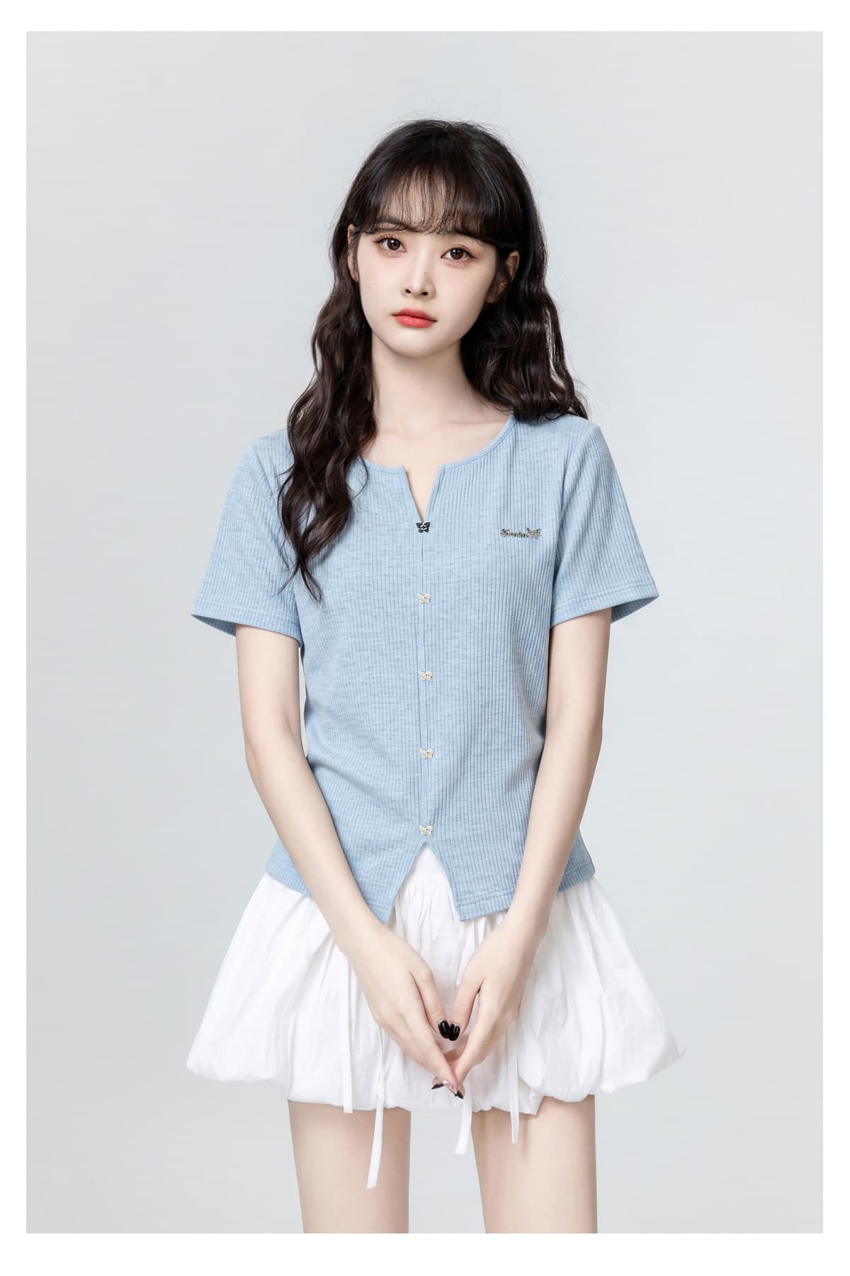 원본 것 한 스타일 캐주얼 바람 파란색 V넥 반팔 티셔츠 여름 빅 사이즈 꼬집기 허리 얇은 스타일 맨위 상세 이미지 6