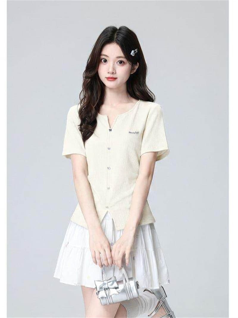 원본 것 한 스타일 캐주얼 바람 파란색 V넥 반팔 티셔츠 여름 빅 사이즈 꼬집기 허리 얇은 스타일 맨위 상세 이미지 9