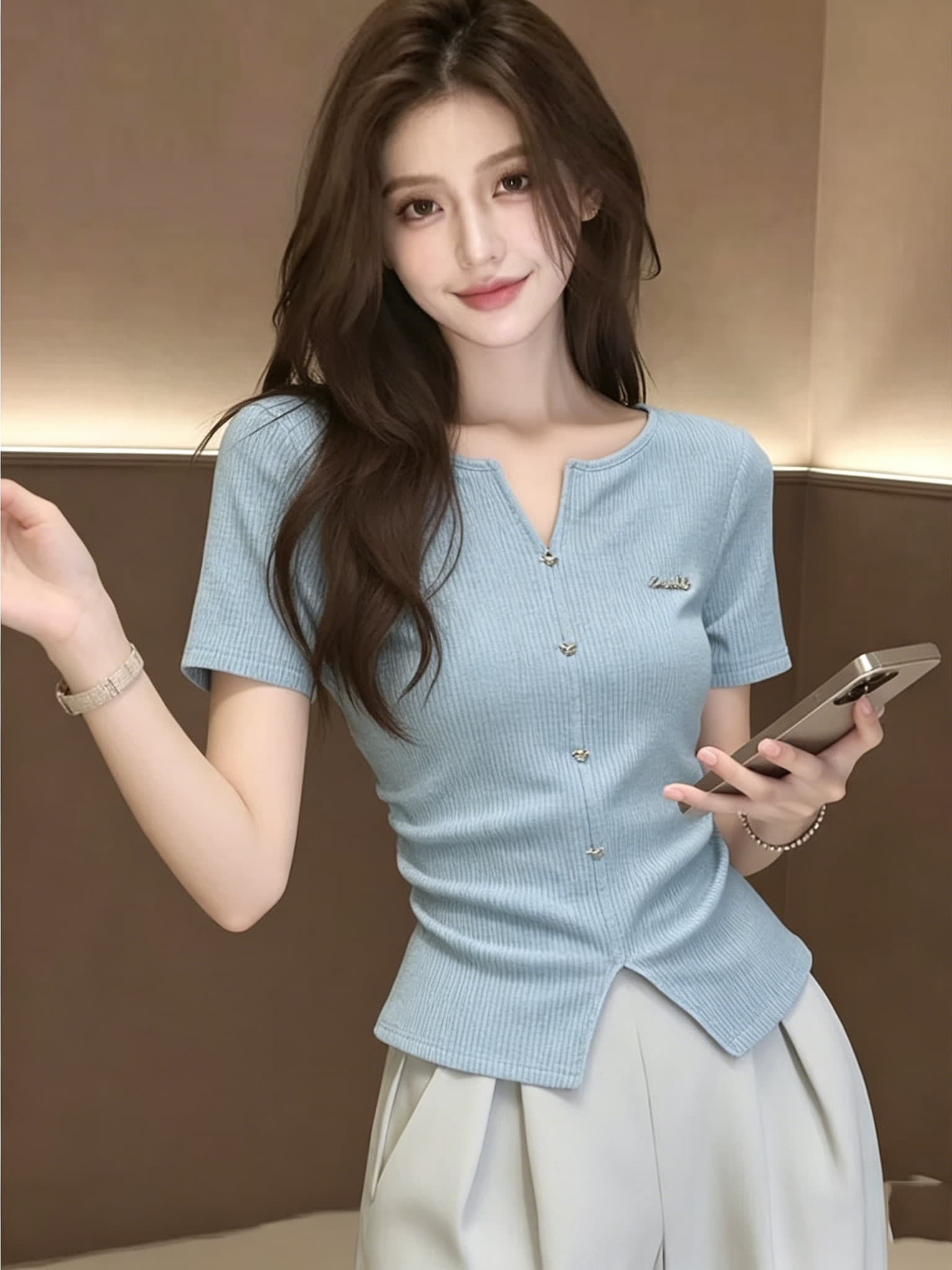 원본 것 파란색 V넥 반팔 티셔츠 여성 여름 불규칙 트임 허리 수축 긍정적 인 어깨 쇼트 스타일 맨위 상세 이미지 4