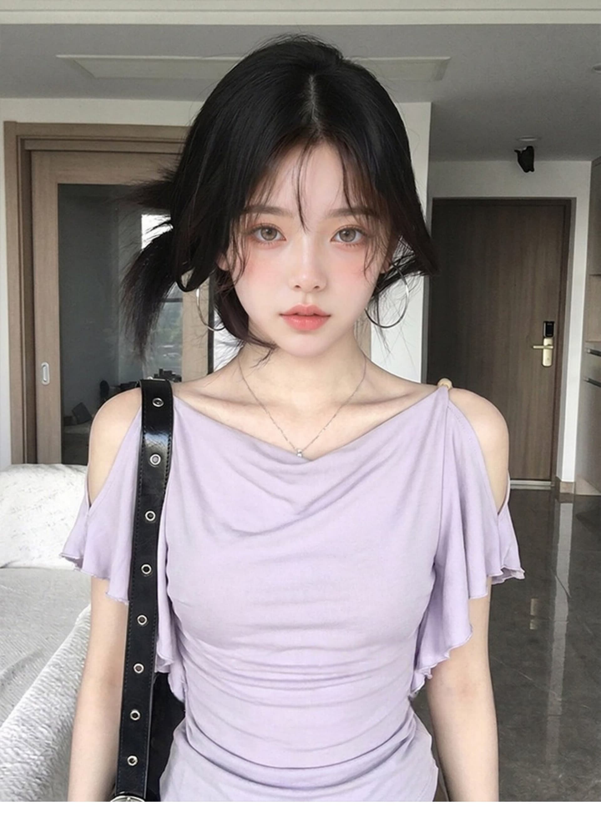 사람들 면 불규칙 흔들다 칼라 프릴 오프숄더 반팔 티셔츠 여름 디자인 센스 빅 사이즈 맨위 상세 이미지 3
