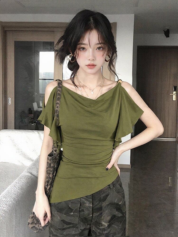 사람들 면 불규칙 흔들다 칼라 프릴 오프숄더 반팔 티셔츠 여름 디자인 센스 빅 사이즈 맨위 상세 이미지 7