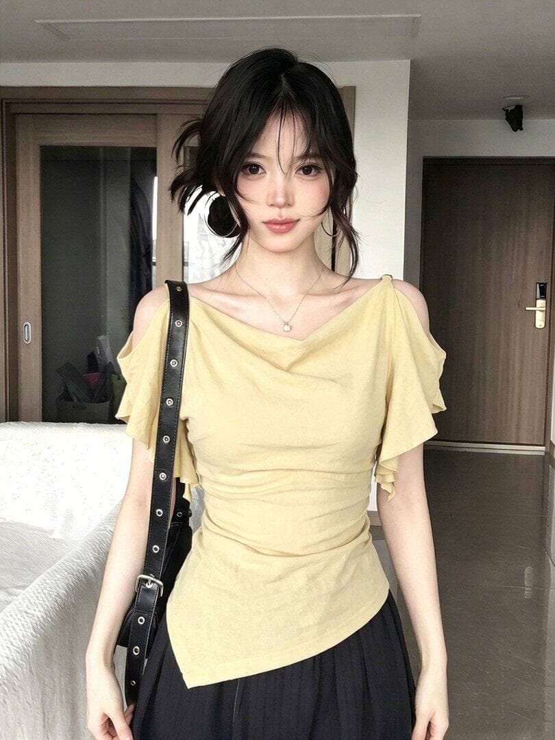 사람들 면 불규칙 흔들다 칼라 프릴 오프숄더 반팔 티셔츠 여름 디자인 센스 빅 사이즈 맨위 상세 이미지 8