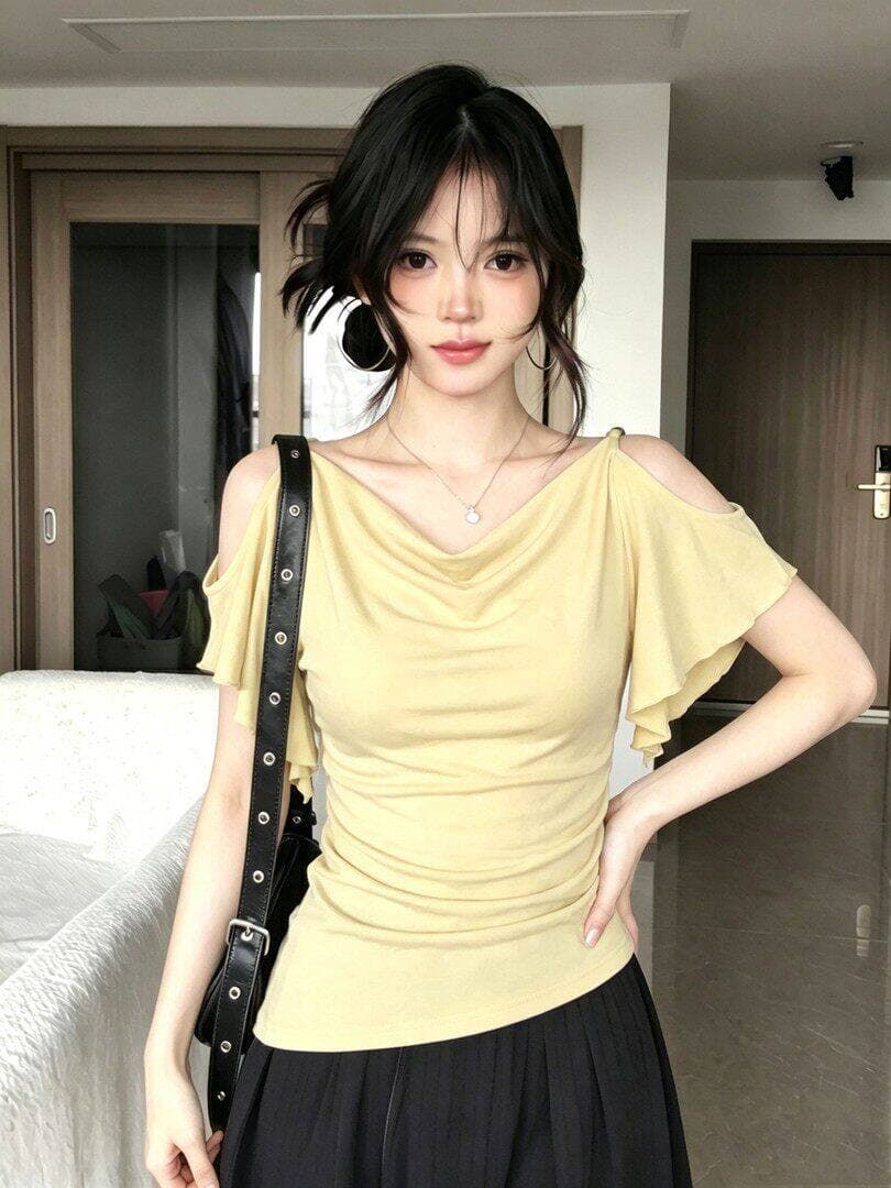 사람들 면 불규칙 흔들다 칼라 프릴 오프숄더 반팔 티셔츠 여름 디자인 센스 빅 사이즈 맨위 상세 이미지 10