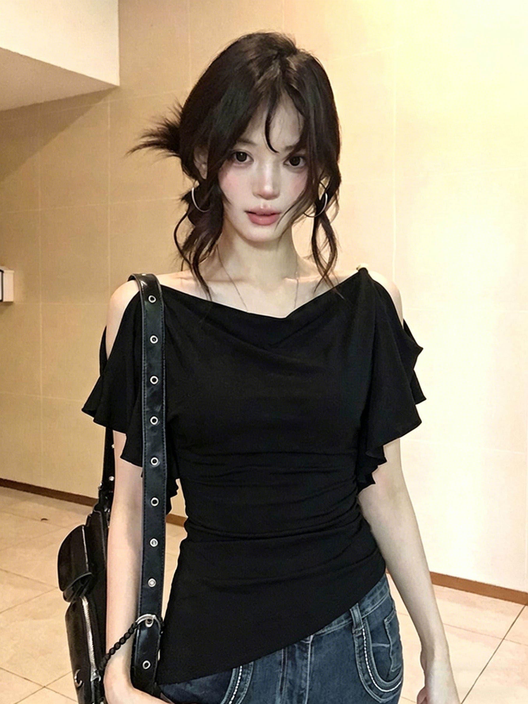 사람들 면 불규칙 흔들다 칼라 프릴 오프숄더 반팔 티셔츠 여름 디자인 센스 빅 사이즈 맨위 상세 이미지 14