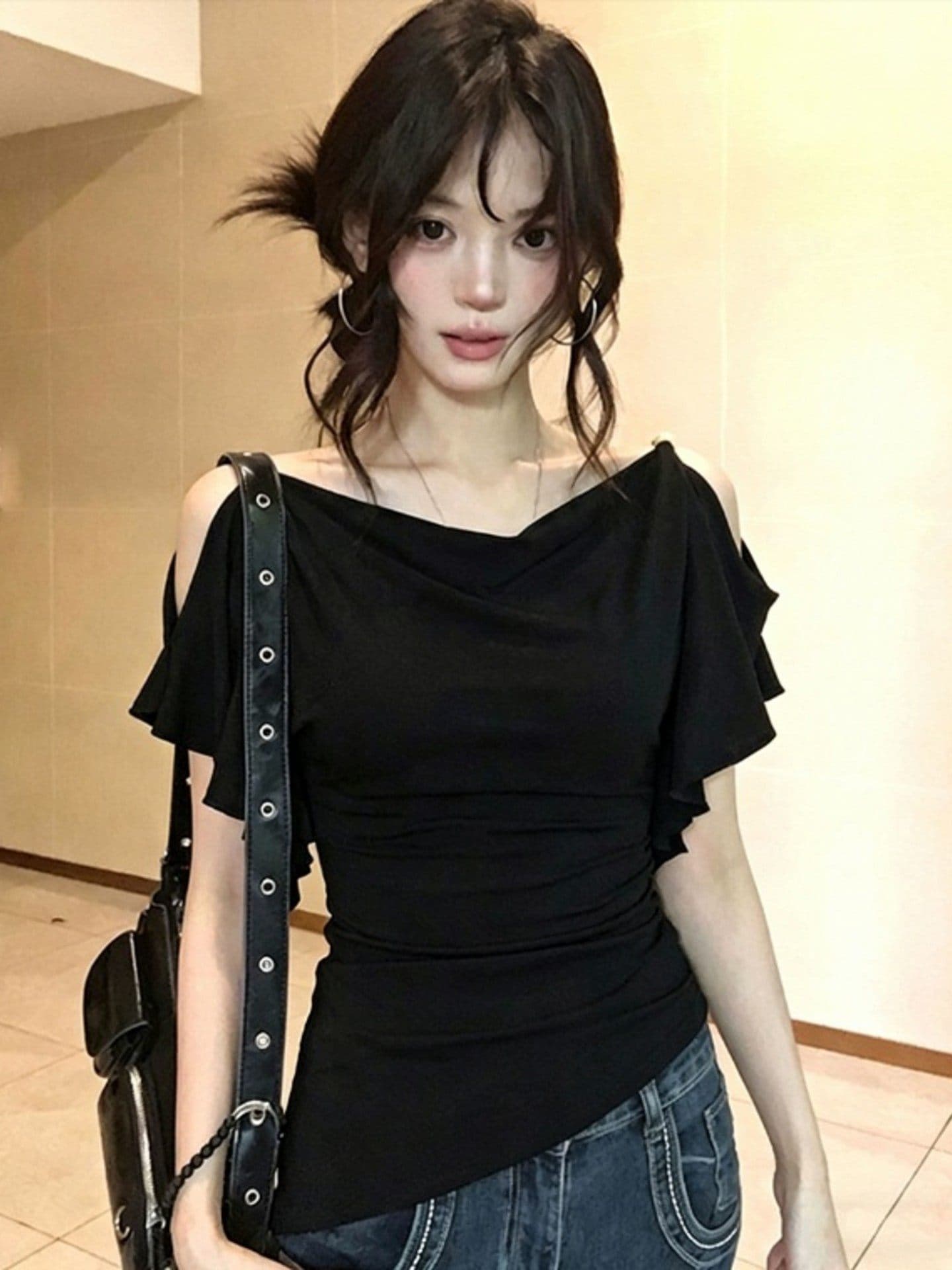 사람들 면 불규칙 흔들다 칼라 프릴 오프숄더 반팔 티셔츠 여름 디자인 센스 빅 사이즈 맨위 상세 이미지 15