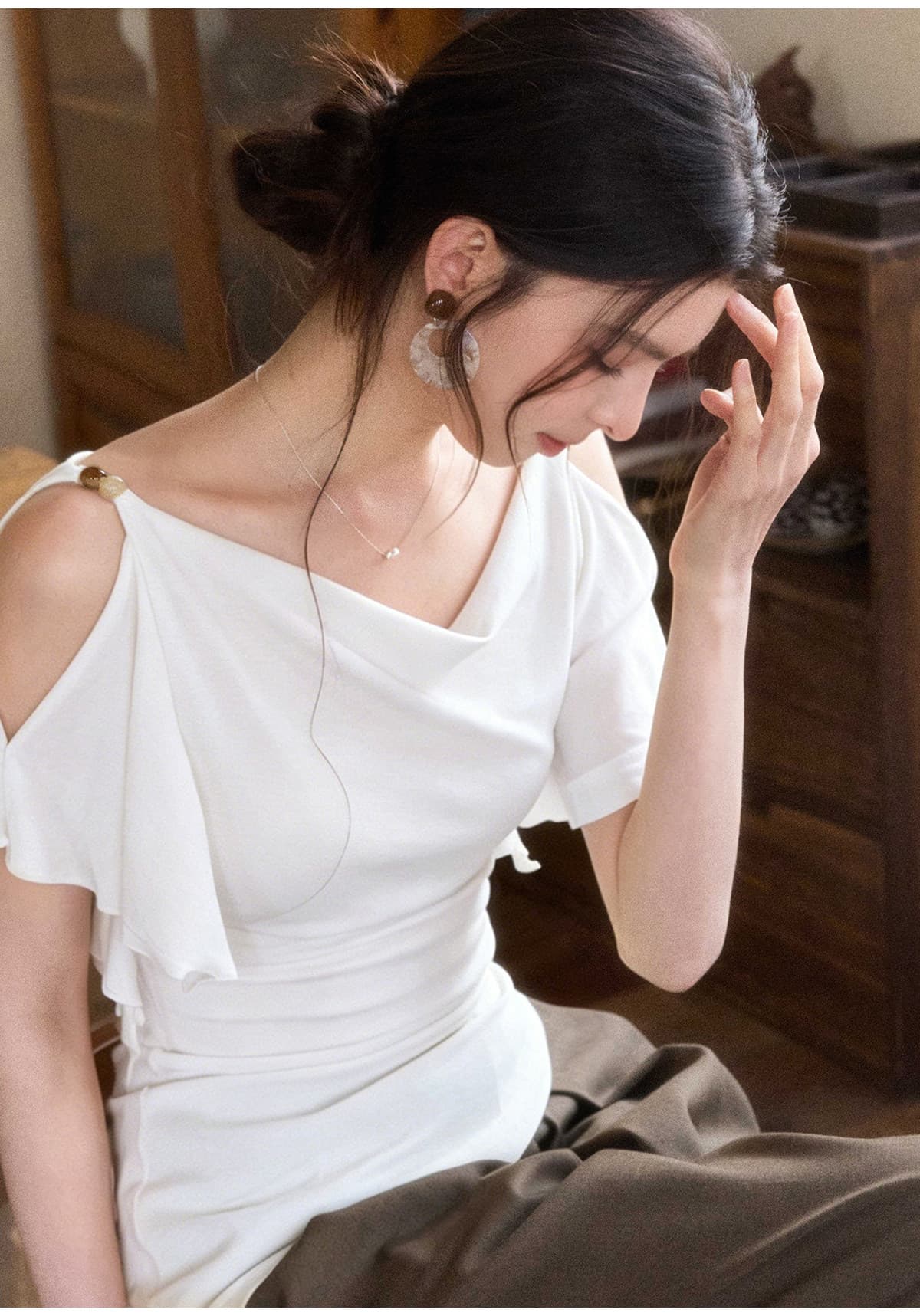 사람들 면 프랑스식 달콤한 스타일 흔들다 칼라 프릴 오프숄더 티셔츠 여름 작은 키 품격 맨위 상세 이미지 29