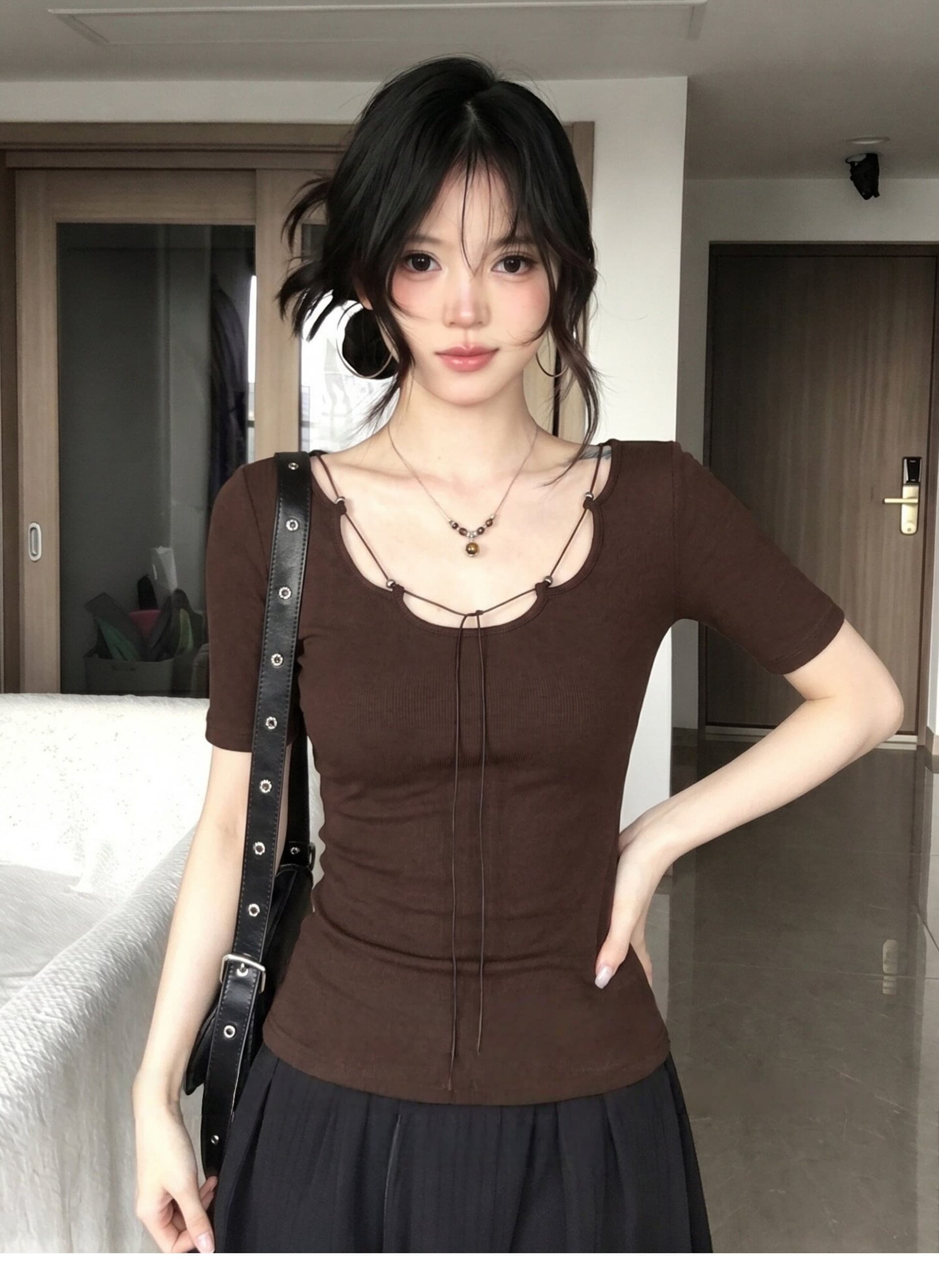 사람들 면 커피 색상 반팔 티셔츠 여성 여름 디자인 센스 몸매 가꾸기 슬림해 보이는 작은 대중 맨위 상세 이미지 4