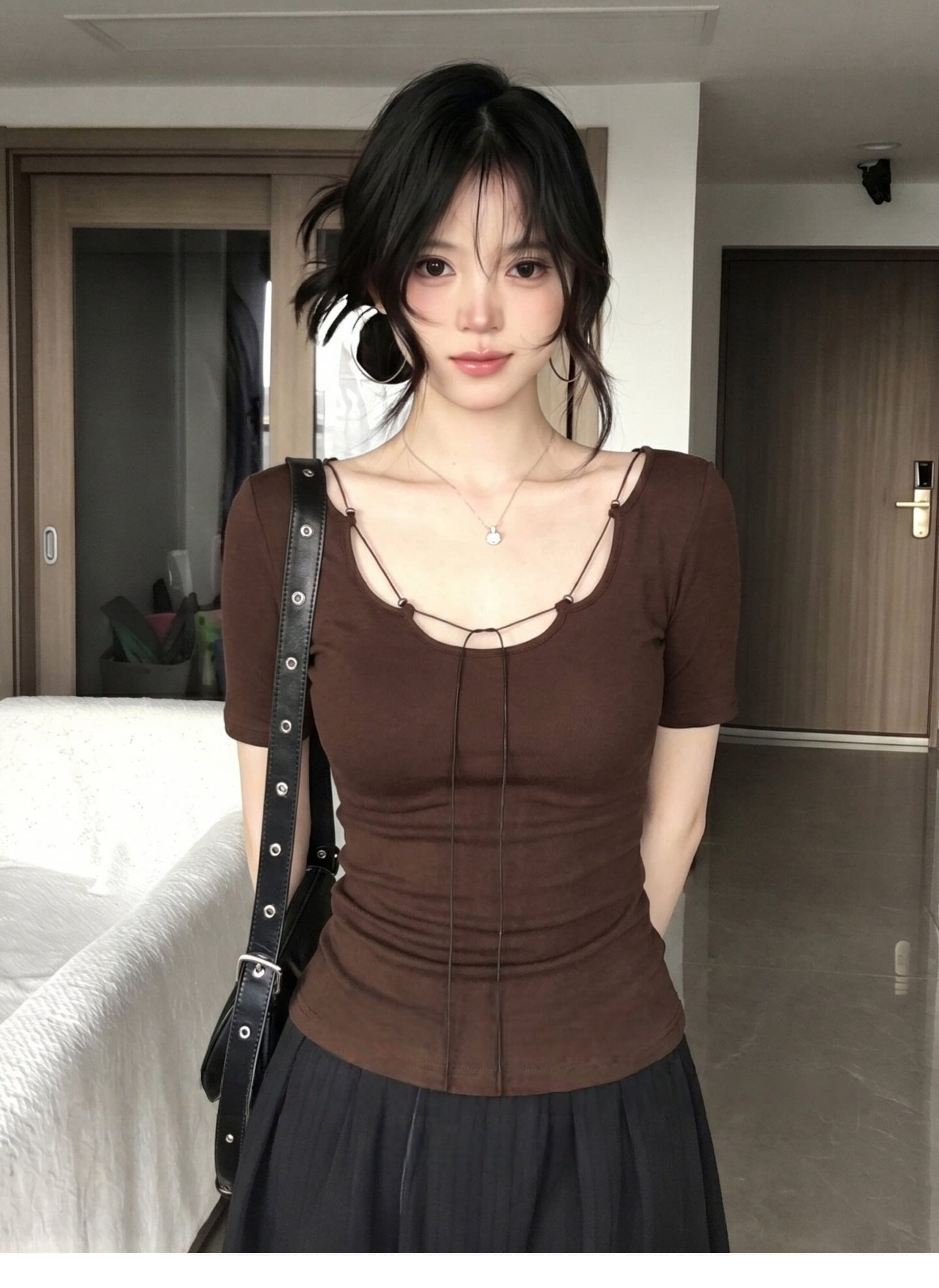 사람들 면 커피 색상 반팔 티셔츠 여성 여름 디자인 센스 몸매 가꾸기 슬림해 보이는 작은 대중 맨위 상세 이미지 5