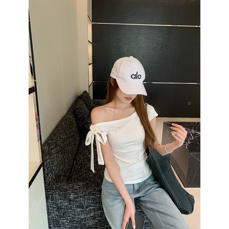 260 그램 1 1 인 면 비스듬한 어깨 오프숄더 2 착용 나비 매듭 스트랩 핫걸 슬림해 보이는 꼬집기 허리 반팔 티셔츠 이미지 3