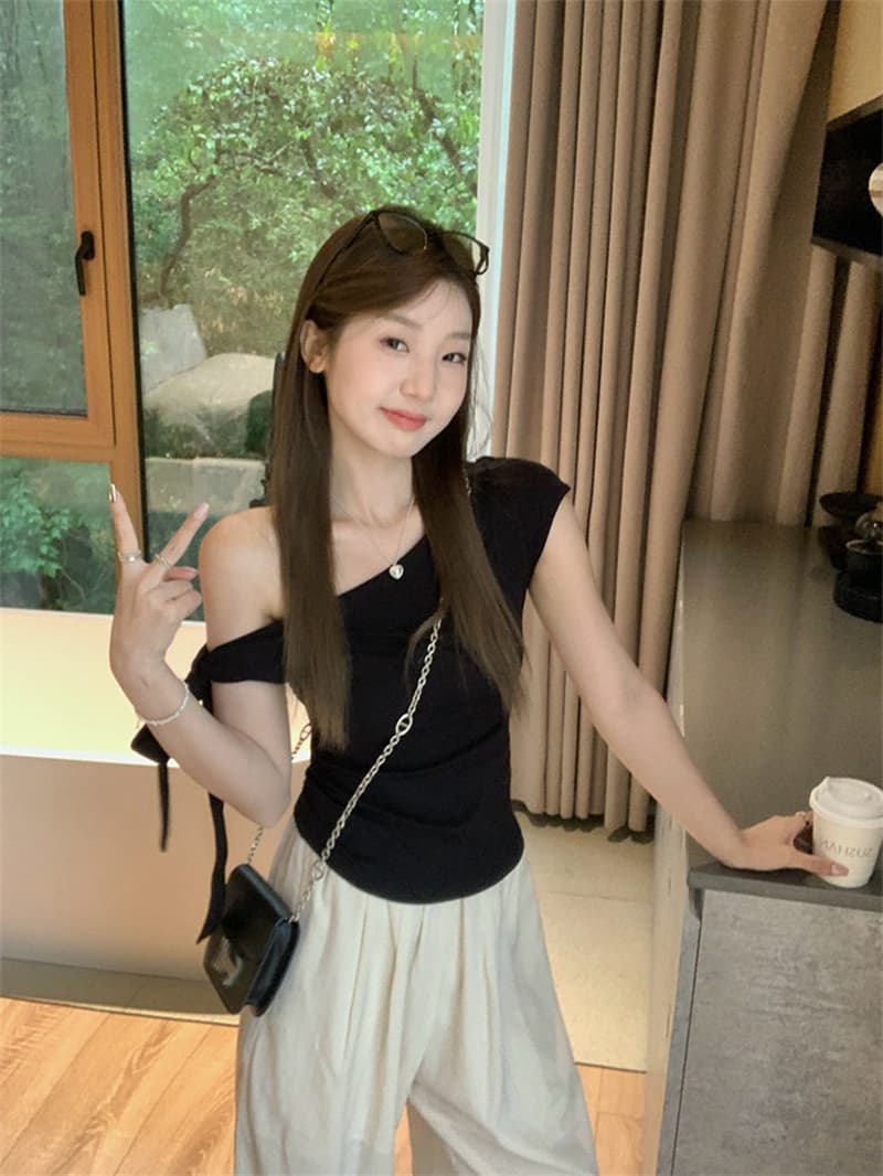 260 그램 1 1 인 면 비스듬한 어깨 오프숄더 2 착용 나비 매듭 스트랩 핫걸 슬림해 보이는 꼬집기 허리 반팔 티셔츠 상세 이미지 6
