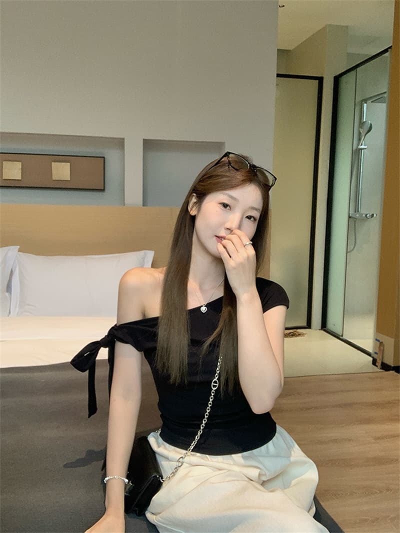 260 그램 1 1 인 면 비스듬한 어깨 오프숄더 2 착용 나비 매듭 스트랩 핫걸 슬림해 보이는 꼬집기 허리 반팔 티셔츠 상세 이미지 8