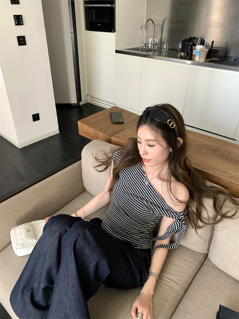 260 그램 1 1 인 면 비스듬한 어깨 오프숄더 2 착용 나비 매듭 스트랩 핫걸 슬림해 보이는 꼬집기 허리 반팔 티셔츠 상세 이미지 27