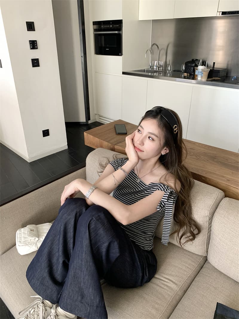 260 그램 1 1 인 면 비스듬한 어깨 오프숄더 2 착용 나비 매듭 스트랩 핫걸 슬림해 보이는 꼬집기 허리 반팔 티셔츠 상세 이미지 28