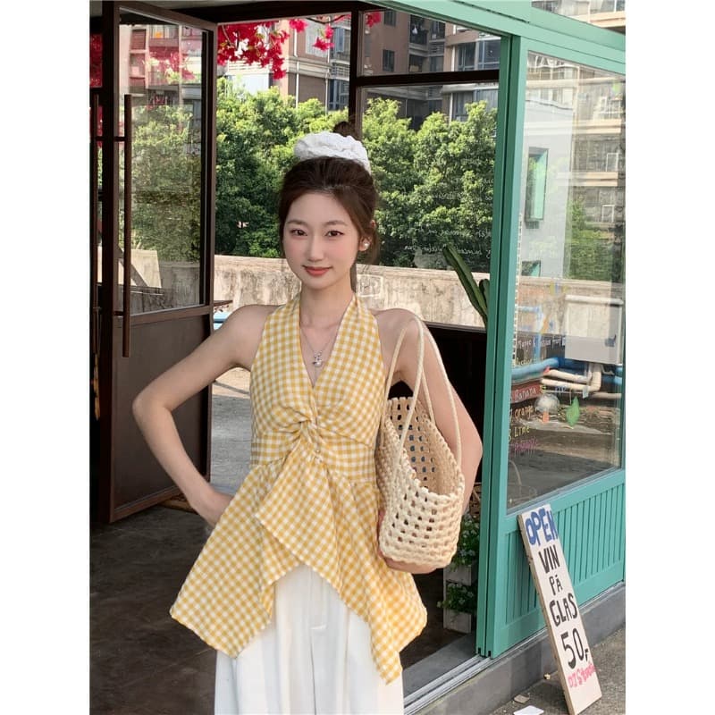 원본 원단 불규칙 배색 체크무늬 튜브탑 조끼 핫걸 외출용 섹시함 민소매 맨위