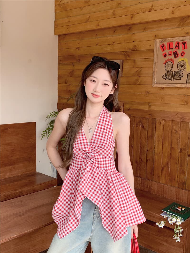 원본 원단 불규칙 배색 체크무늬 튜브탑 조끼 핫걸 외출용 섹시함 민소매 맨위 상세 이미지 2