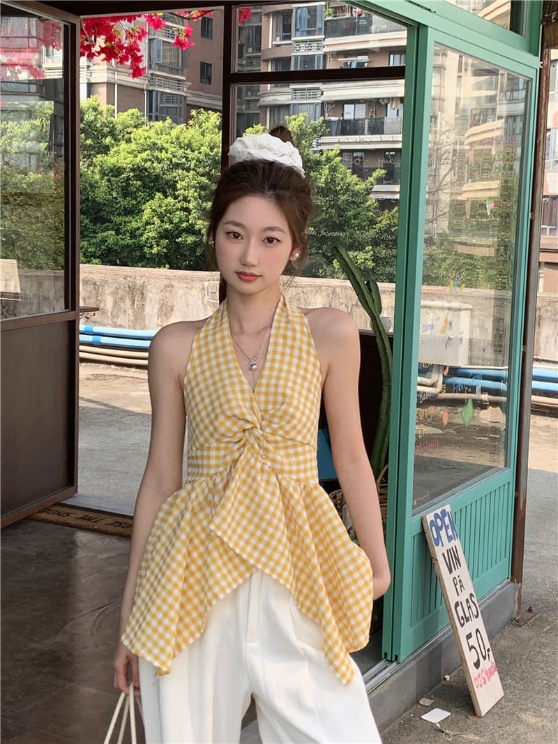 원본 원단 불규칙 배색 체크무늬 튜브탑 조끼 핫걸 외출용 섹시함 민소매 맨위 상세 이미지 15