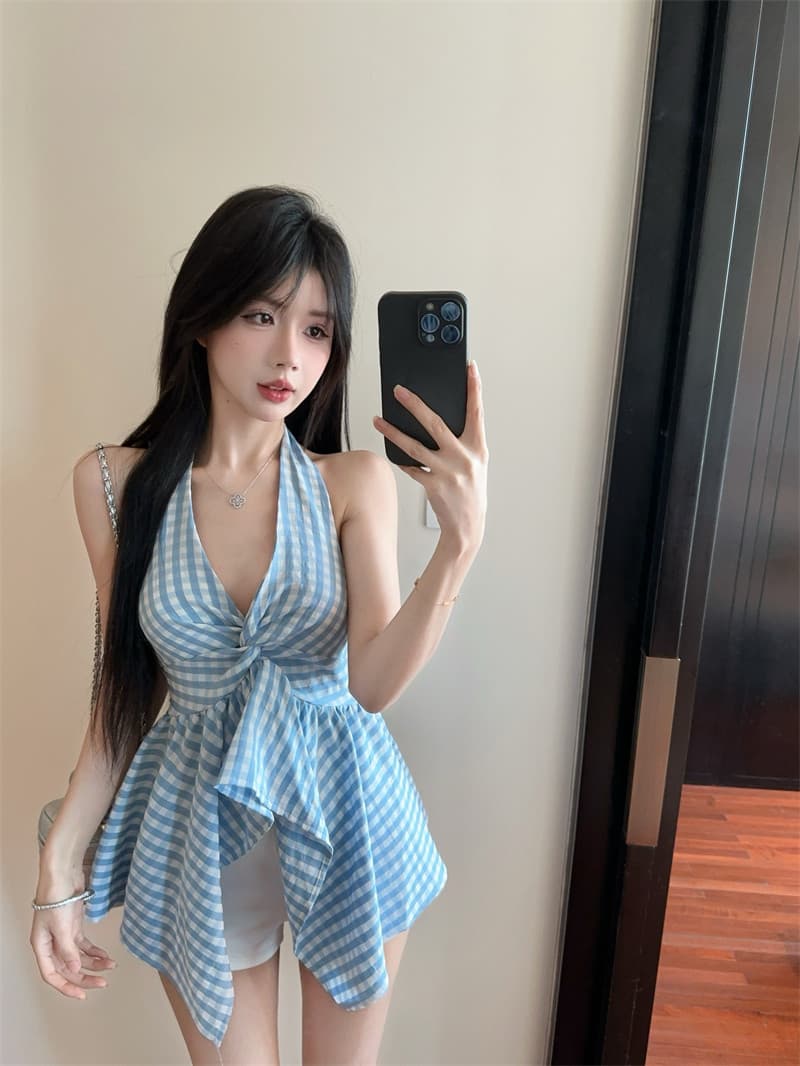 원본 원단 불규칙 배색 체크무늬 튜브탑 조끼 핫걸 외출용 섹시함 민소매 맨위 상세 이미지 24
