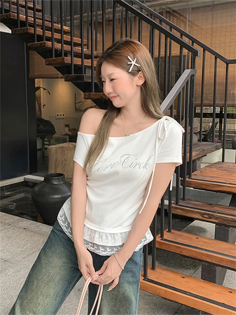 260 그램 1 1 인 면 보트넥 레이스 반팔 티셔츠 여름 발레 바람 비스듬한 어깨 몸매 가꾸기 맨위 트렌디 상세 이미지 7