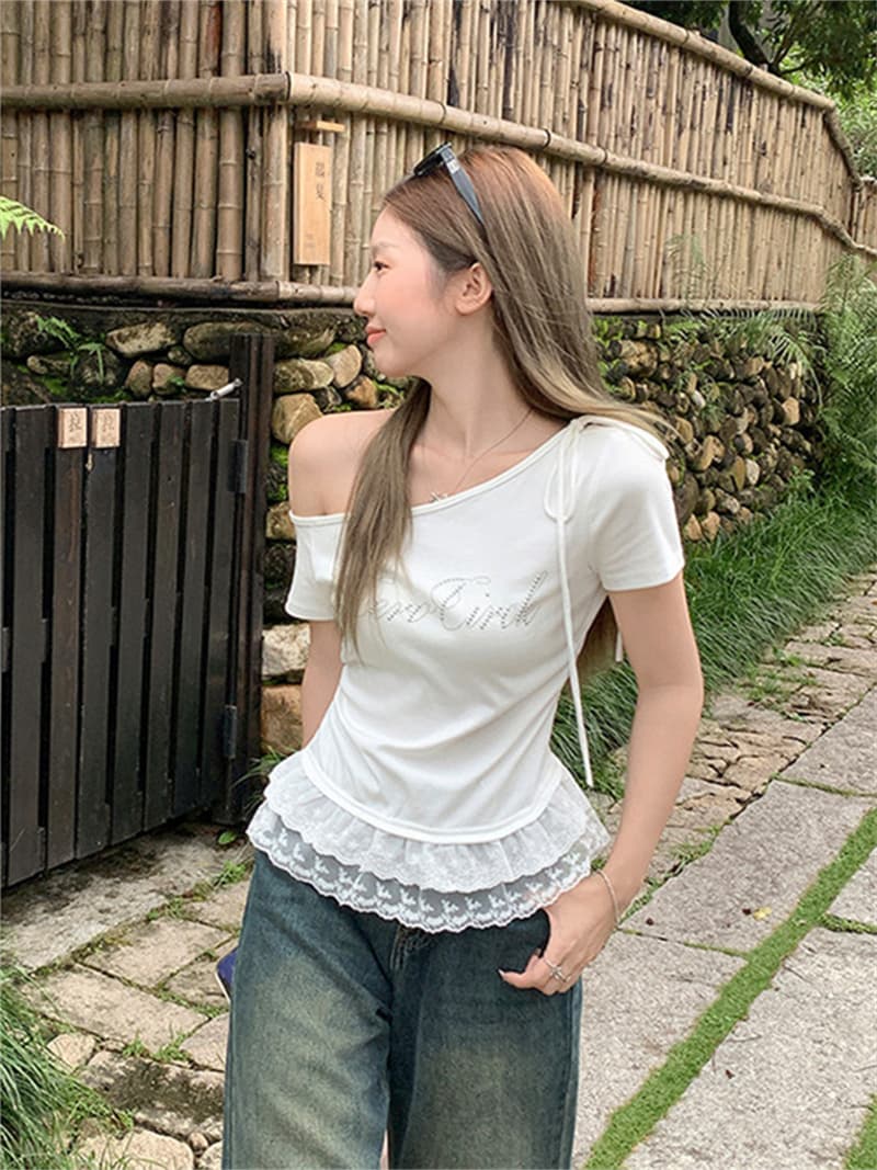 260 그램 1 1 인 면 보트넥 레이스 반팔 티셔츠 여름 발레 바람 비스듬한 어깨 몸매 가꾸기 맨위 트렌디 상세 이미지 9