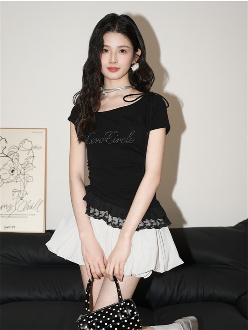 260 그램 1 1 인 면 보트넥 레이스 반팔 티셔츠 여름 발레 바람 비스듬한 어깨 몸매 가꾸기 맨위 트렌디 상세 이미지 12